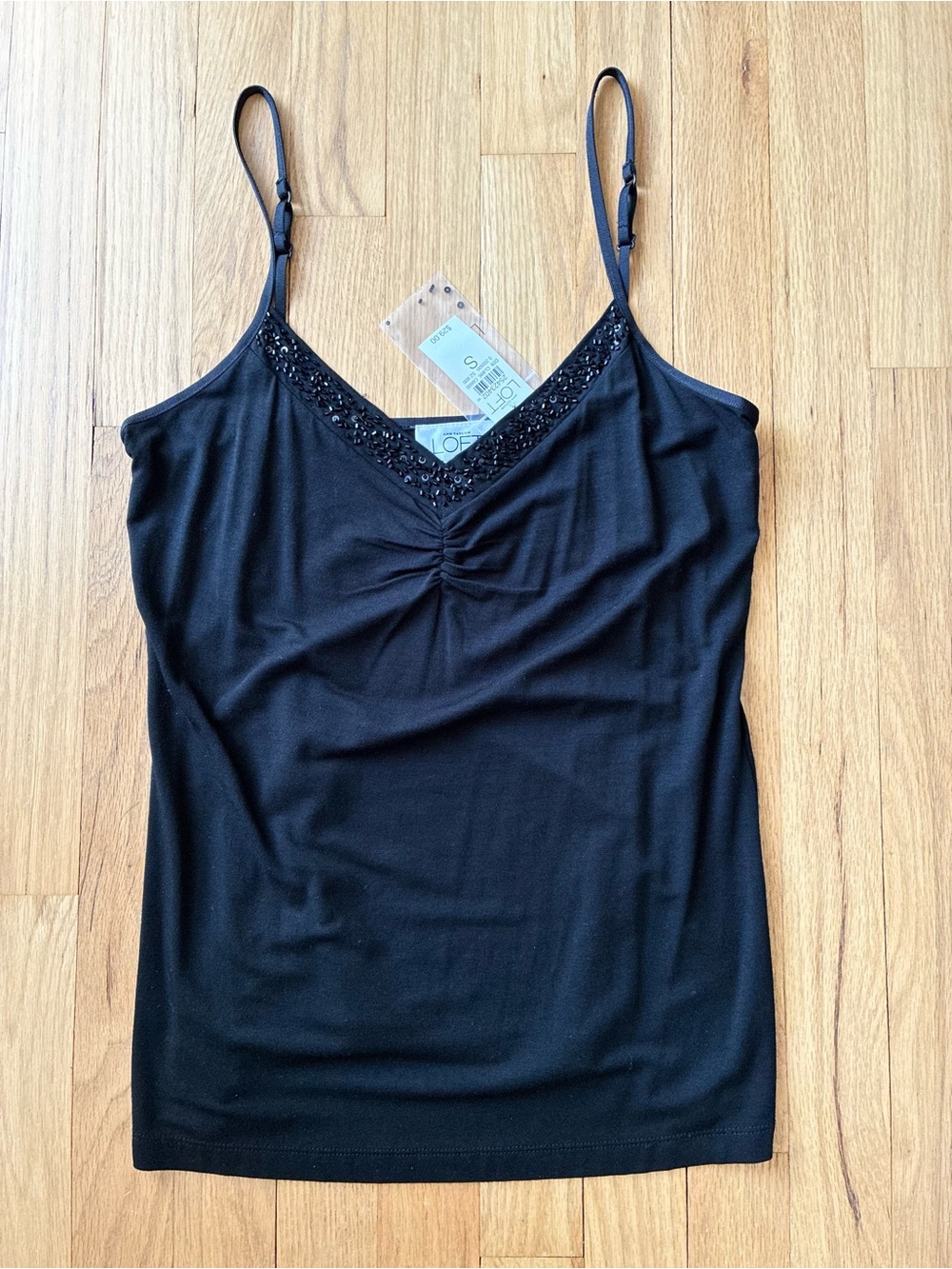 NWT LOFT Beaded Camisole, cinched front, Black, Size Small